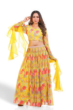 YELLOW PRINTED HAND EMBROIDERED LEHENGA SET