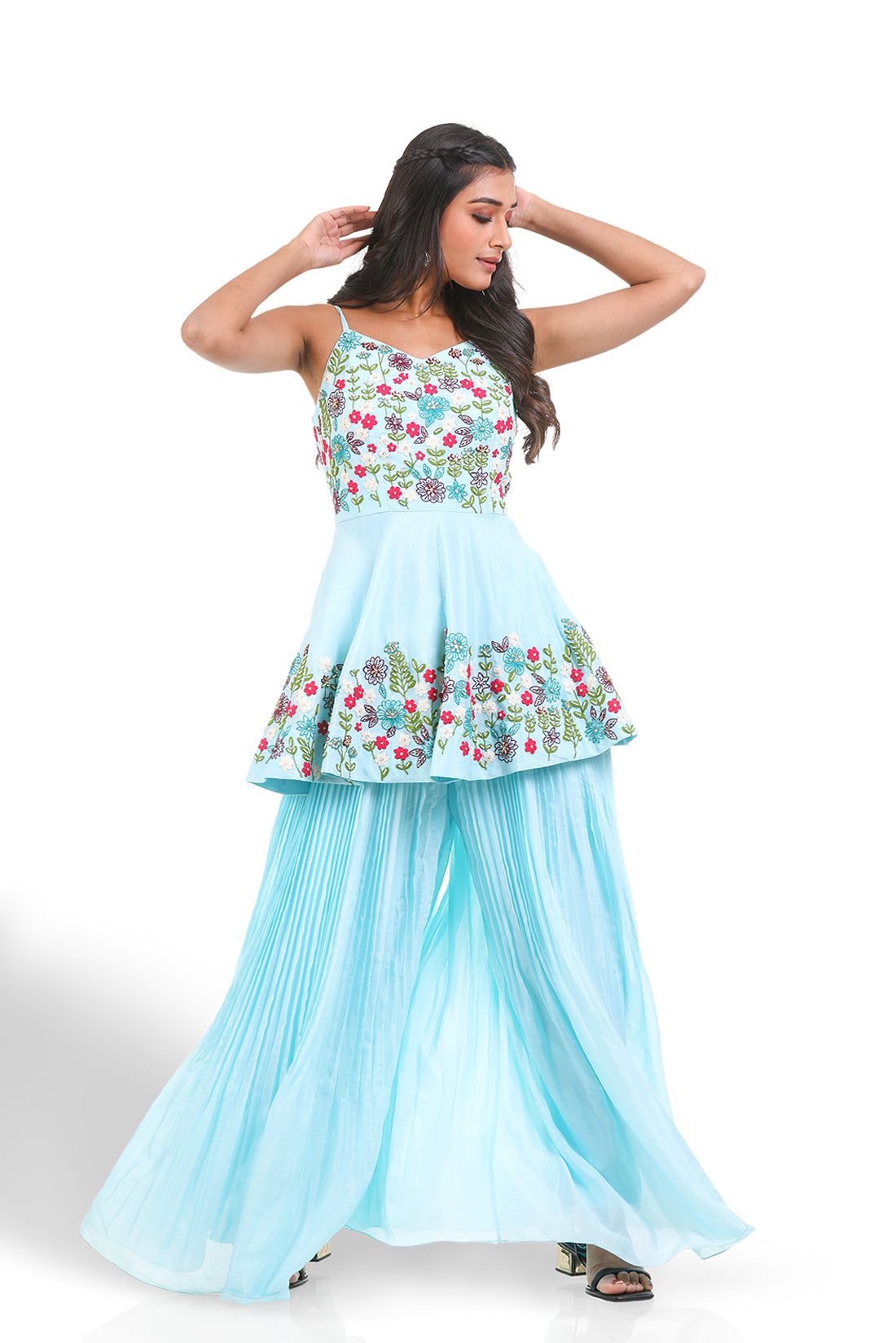 BLUE HAND EMBROIDERED PEPLUM PALAZZO SET