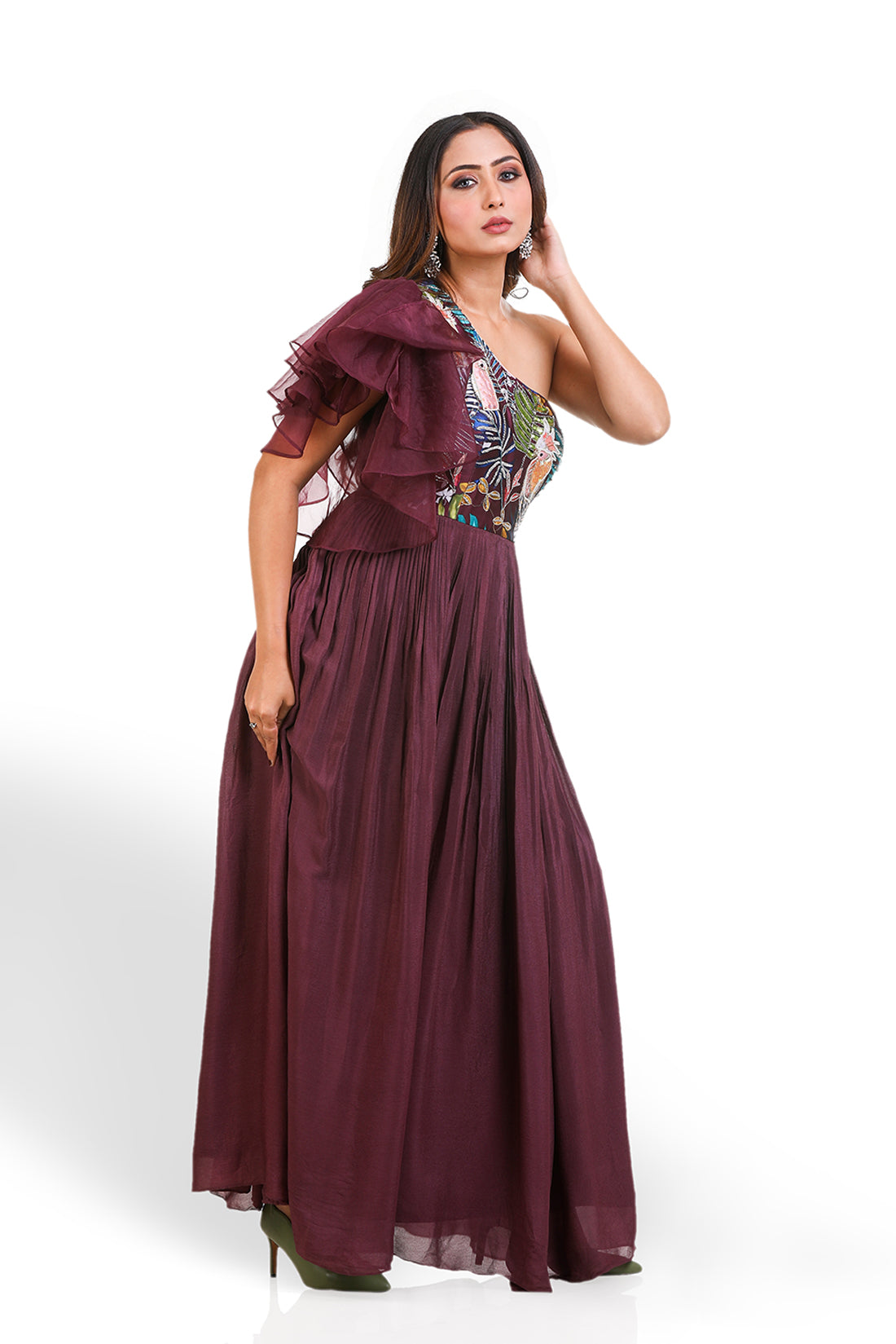 WINE PRINTED HAND EMBROIDERED GOWN