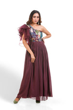 WINE PRINTED HAND EMBROIDERED GOWN