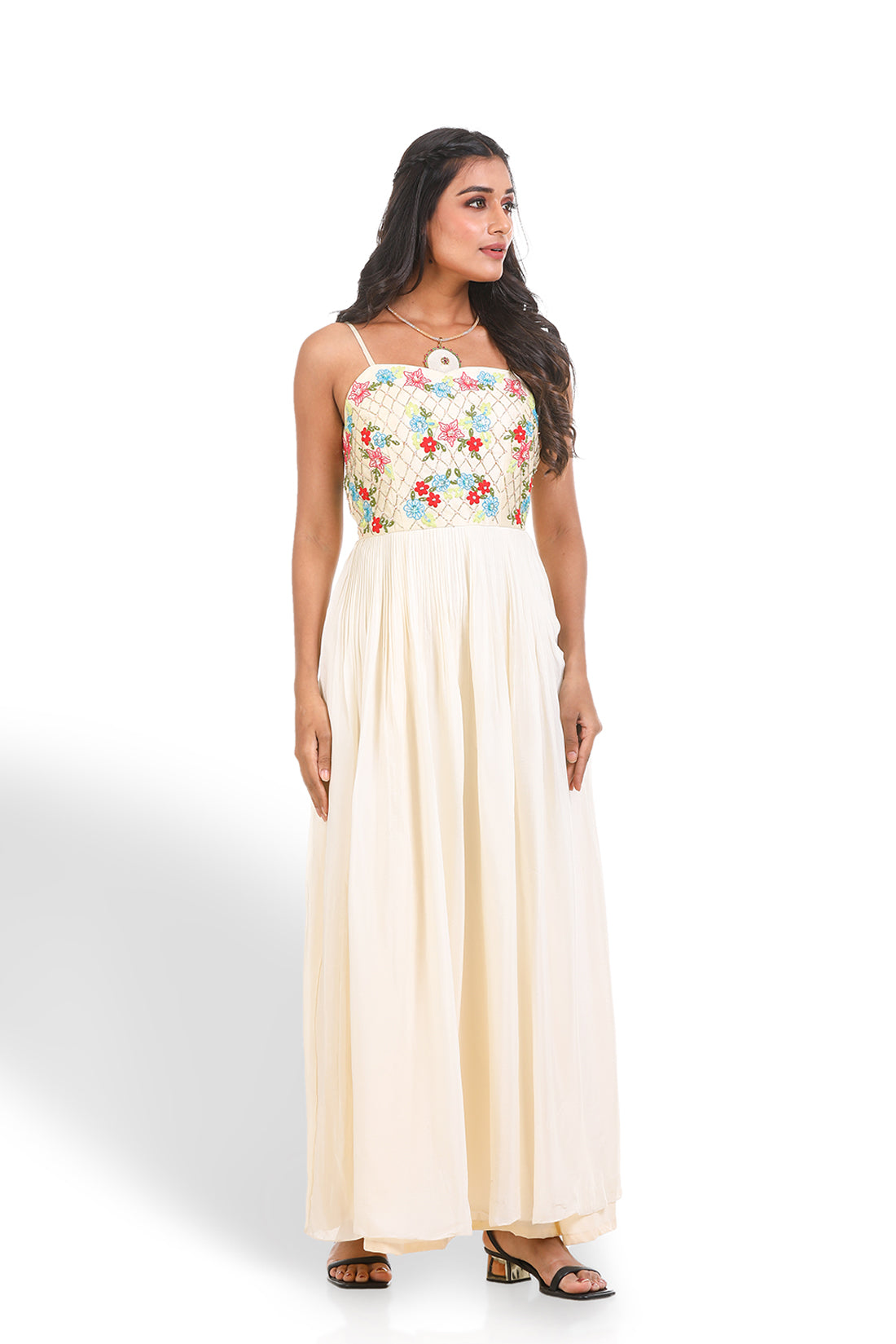 OFF WHITE HAND EMBROIDERED PLEATED GOWN