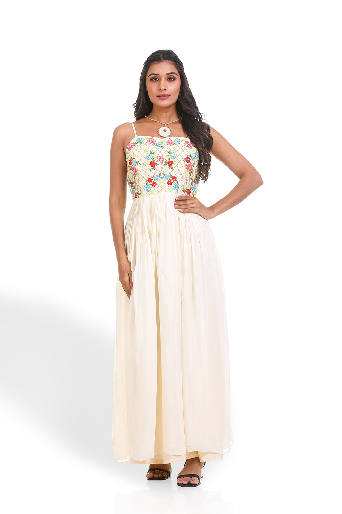 OFF WHITE HAND EMBROIDERED PLEATED GOWN
