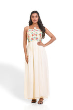 OFF WHITE HAND EMBROIDERED PLEATED GOWN