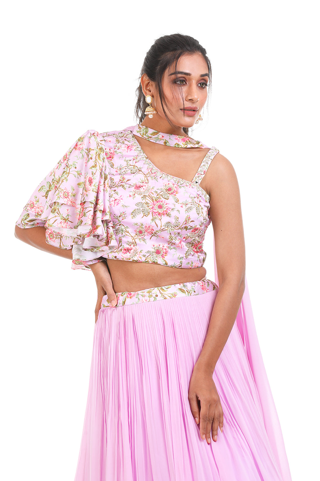 LILAC PRINTED HAND EMBROIDERED LEHENGA SET