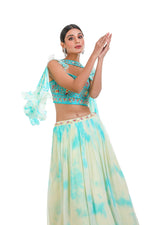 GREEN & LEMON YELLOW TIE-DYE HAND EMBROIDERED LEHENGA SET