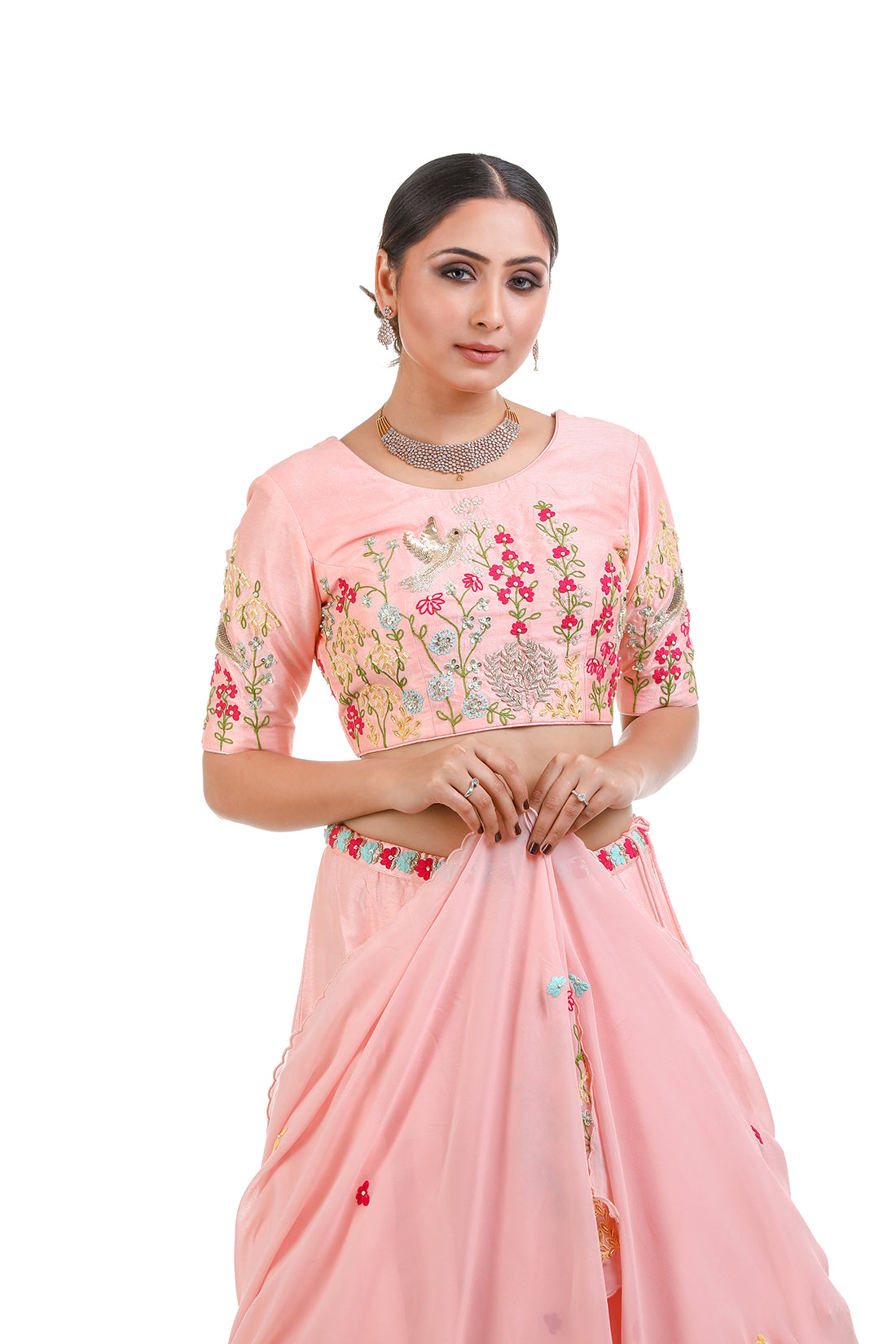 PEACH TRADITIONAL HAND EMBROIDERED LEHENGA SET