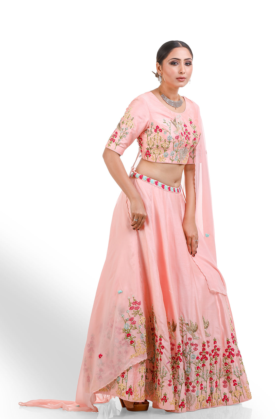 PEACH TRADITIONAL HAND EMBROIDERED LEHENGA SET