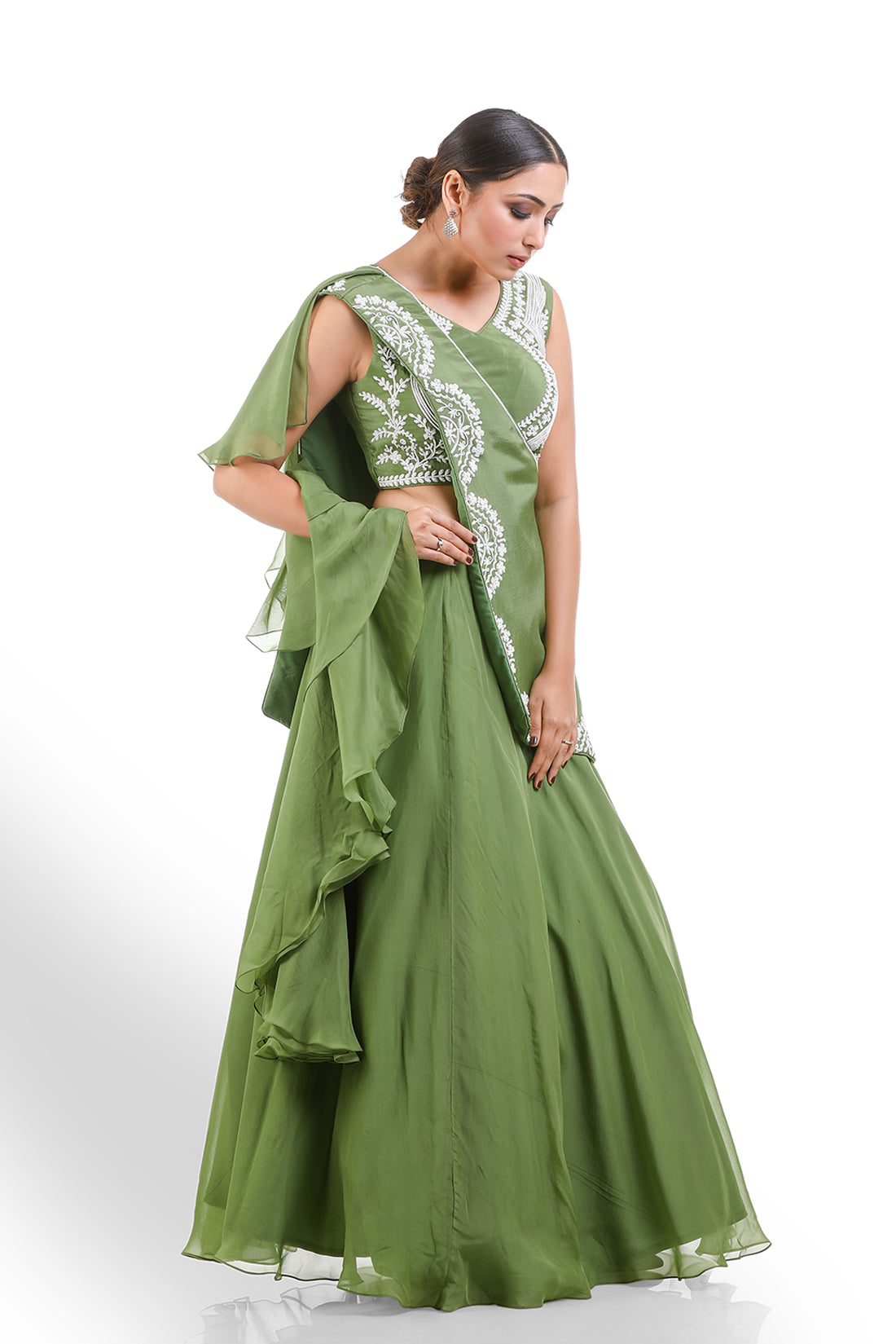 MEHENDI GREEN HAND EMBROIDERED LEHENGA SET