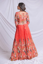 ORANGE FLORAL PRINTED HAND EMBROIDERED LEHENGA SET