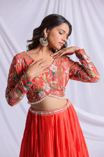 ORANGE FLORAL PRINTED HAND EMBROIDERED LEHENGA SET