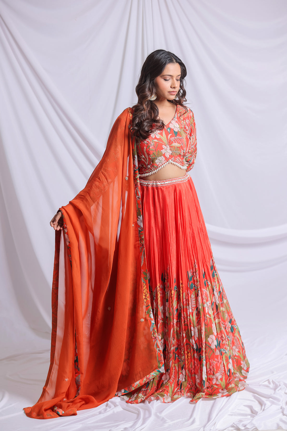 ORANGE FLORAL PRINTED HAND EMBROIDERED LEHENGA SET