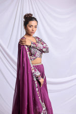WINE FLORAL PRINTED HAND EMBROIDERED LEHENGA SET
