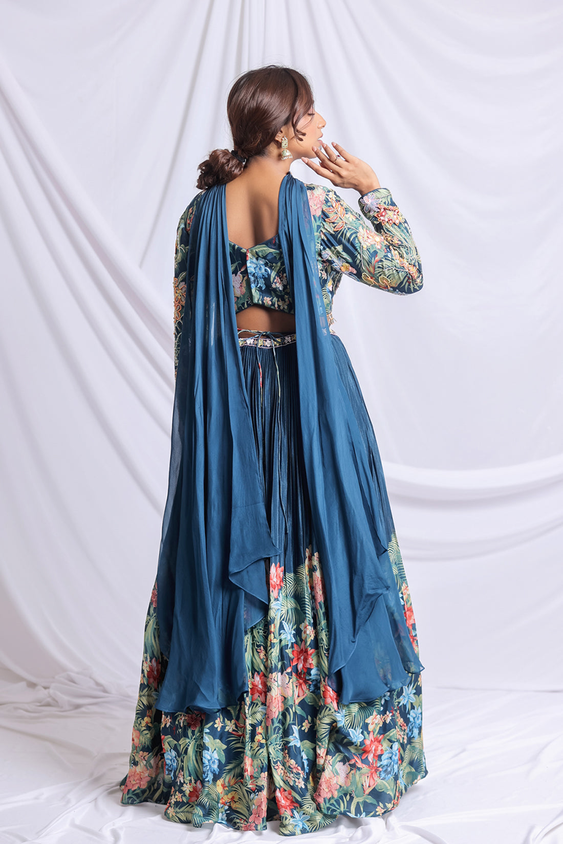 PEACOCK BLUE FLORAL PRINTED HAND EMBROIDERED LEHENGA SET