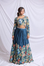 PEACOCK BLUE FLORAL PRINTED HAND EMBROIDERED LEHENGA SET