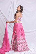 PINK FLORAL PRINTED HAND EMBROIDERED LEHENGA SET