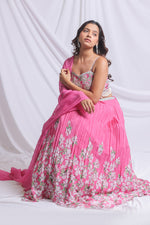 PINK FLORAL PRINTED HAND EMBROIDERED LEHENGA SET