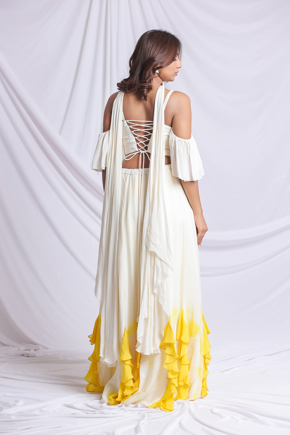 WHITE & YELLOW HAND EMBROIDERED LEHENGA SET