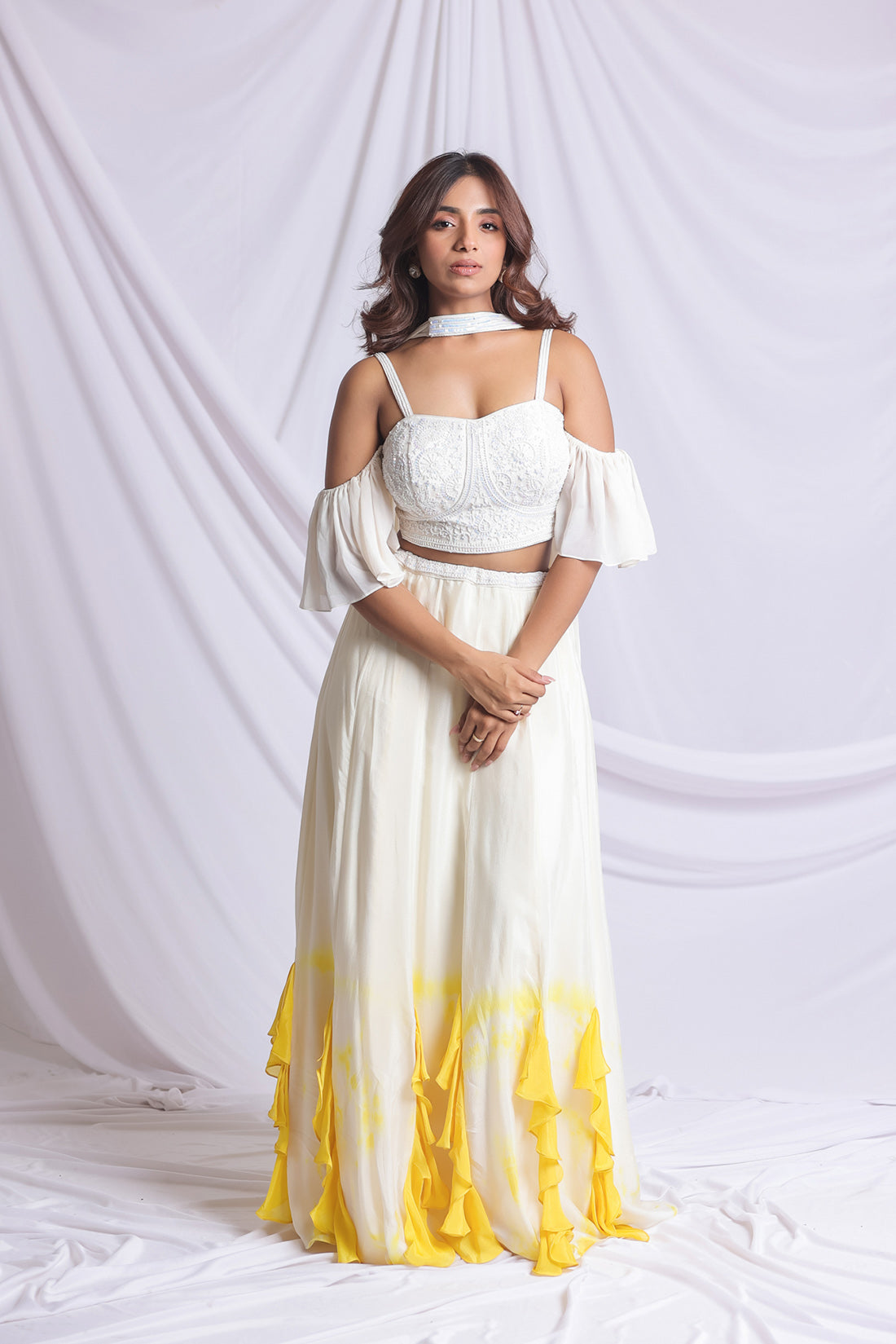 WHITE & YELLOW HAND EMBROIDERED LEHENGA SET