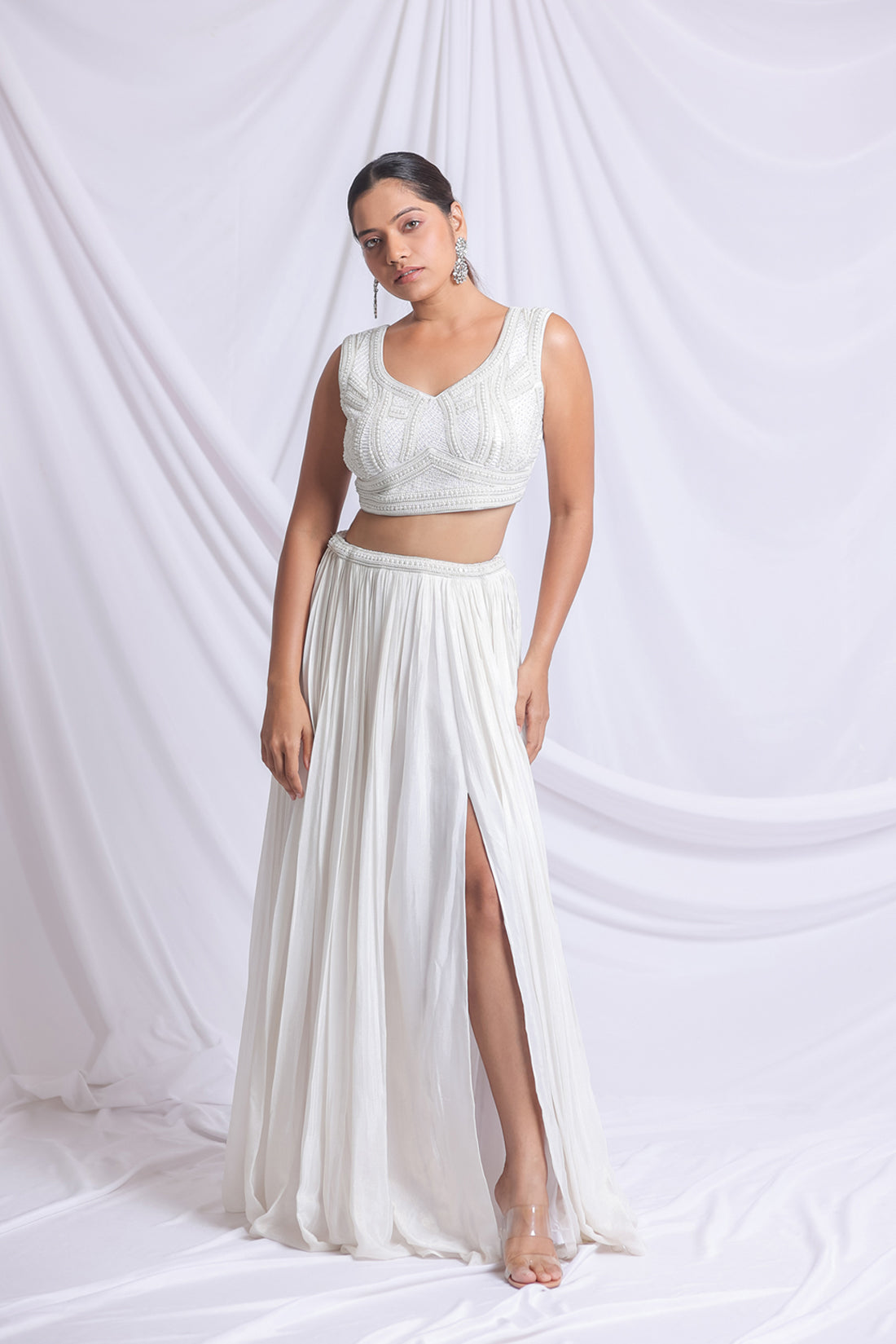 WHITE PEARL WORK HAND EMBROIDERED LEHENGA SET