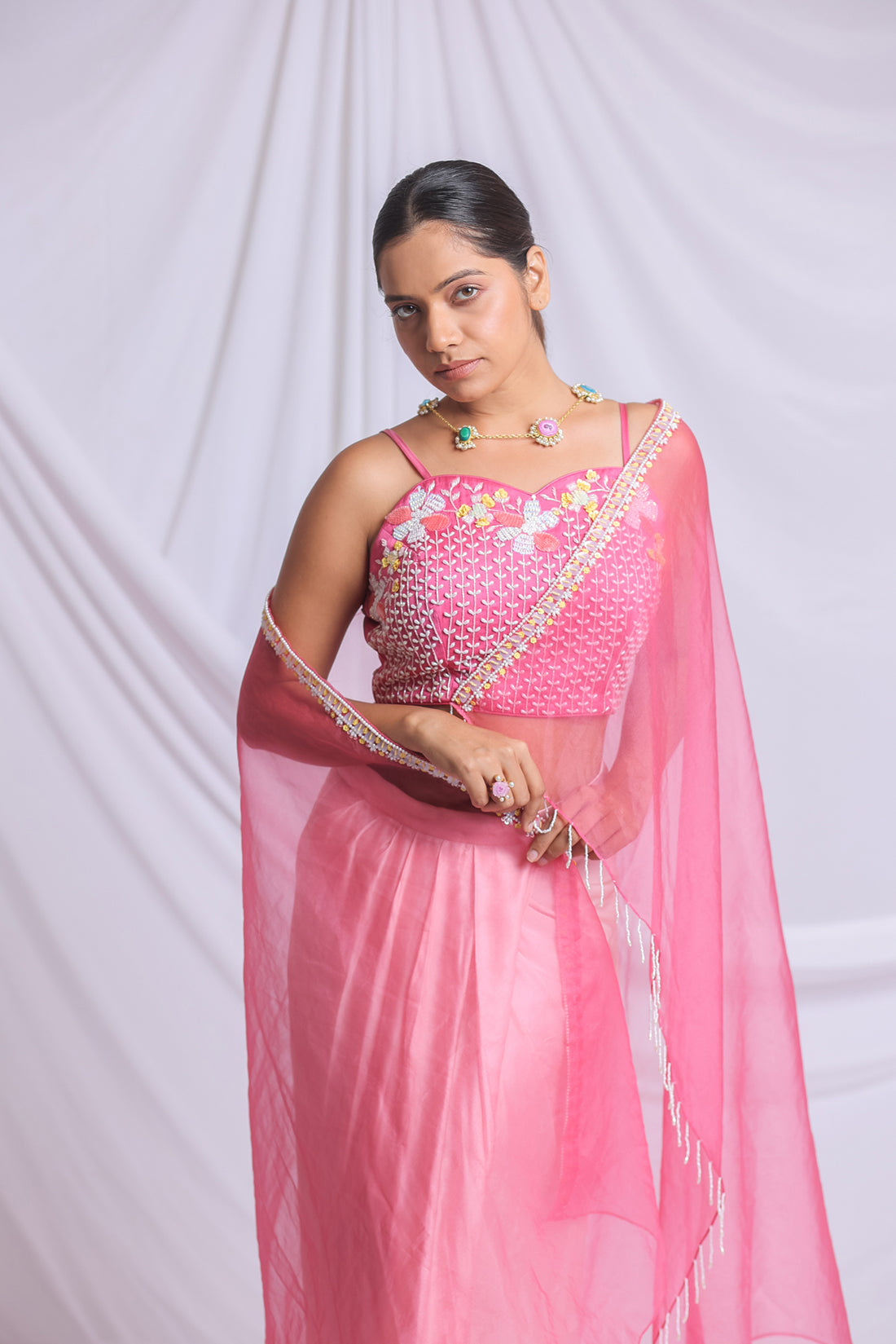 DARK PINK HAND EMBROIDERED DRAPED SKIRT