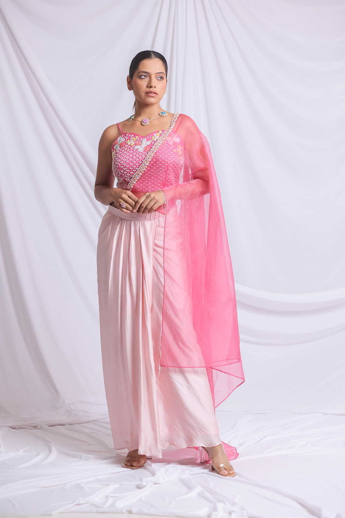 DARK PINK HAND EMBROIDERED DRAPED SKIRT