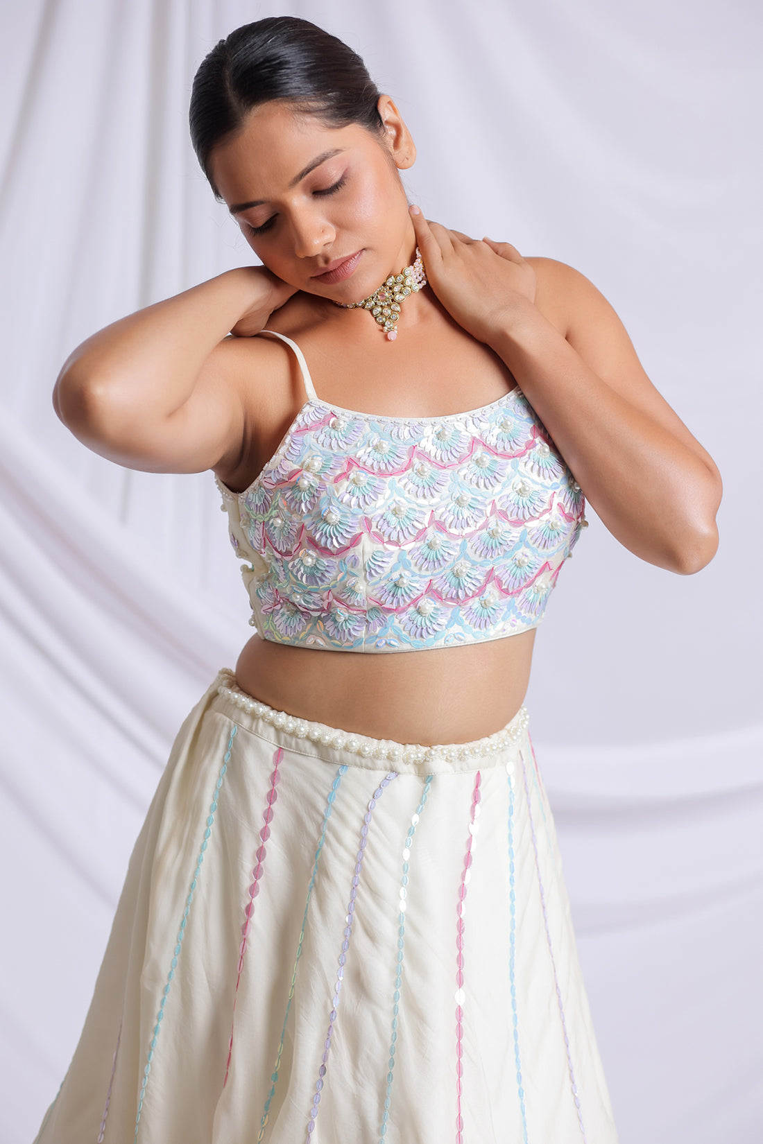OFF WHITE COLOURFUL HAND EMBROIDERED LEHENGA SET