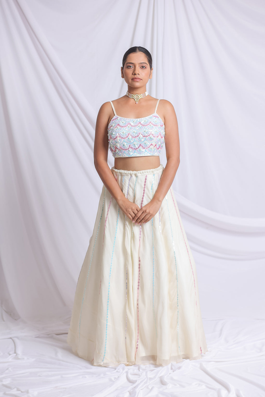 OFF WHITE COLOURFUL HAND EMBROIDERED LEHENGA SET