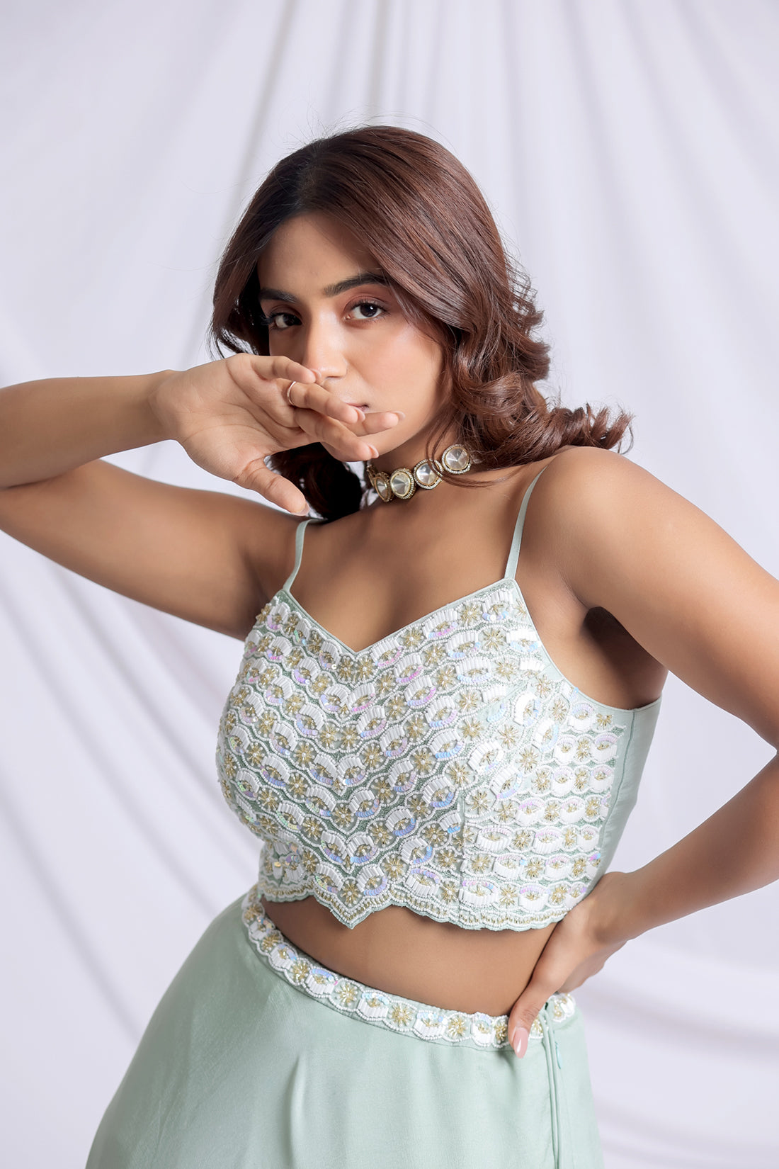 MINT GREEN HAND EMBROIDERED LEHENGA SET
