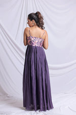 DUSTY PURPLE HAND EMBROIDERED PLEATED GOWN