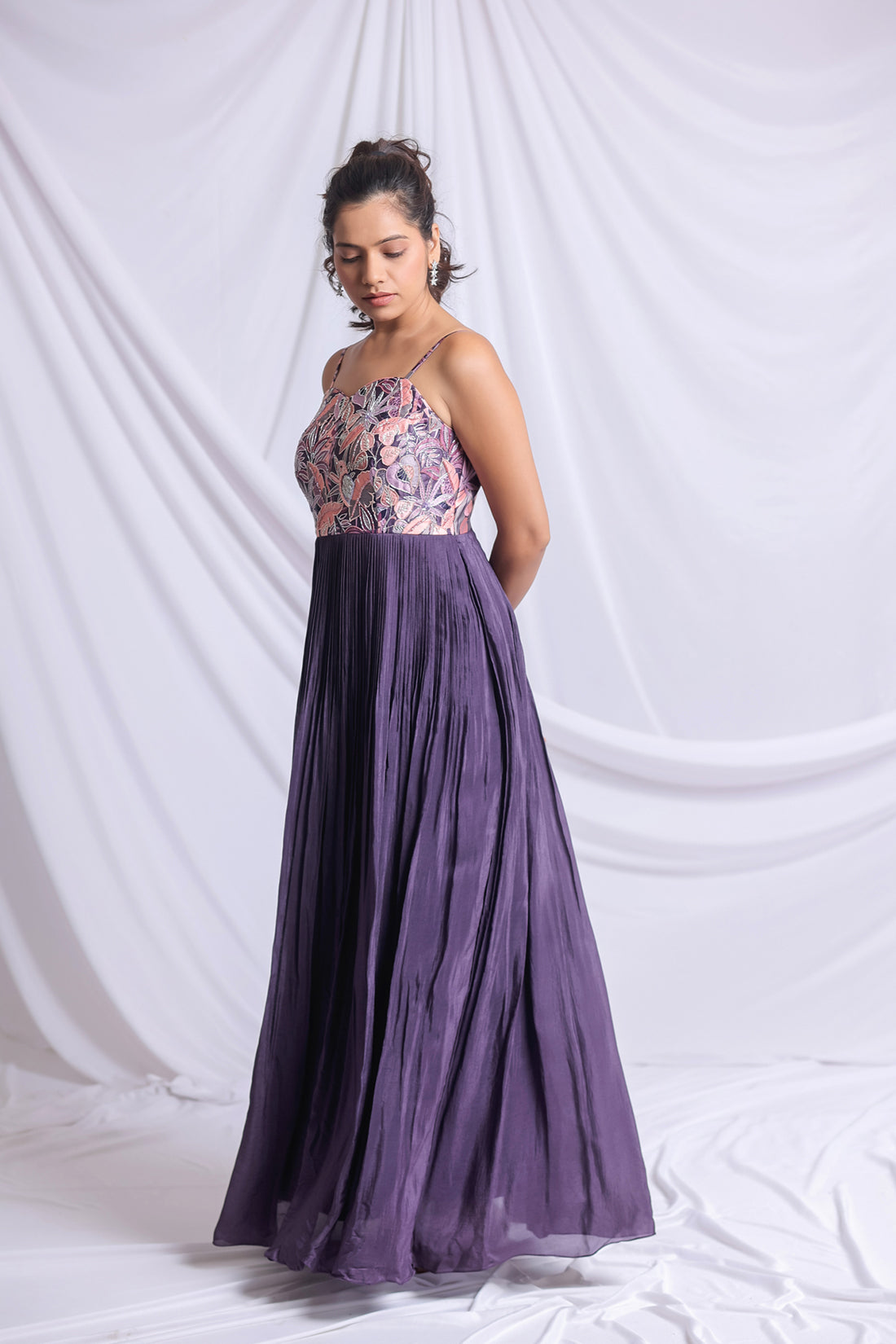 DUSTY PURPLE HAND EMBROIDERED PLEATED GOWN