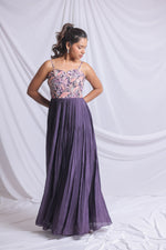 DUSTY PURPLE HAND EMBROIDERED PLEATED GOWN