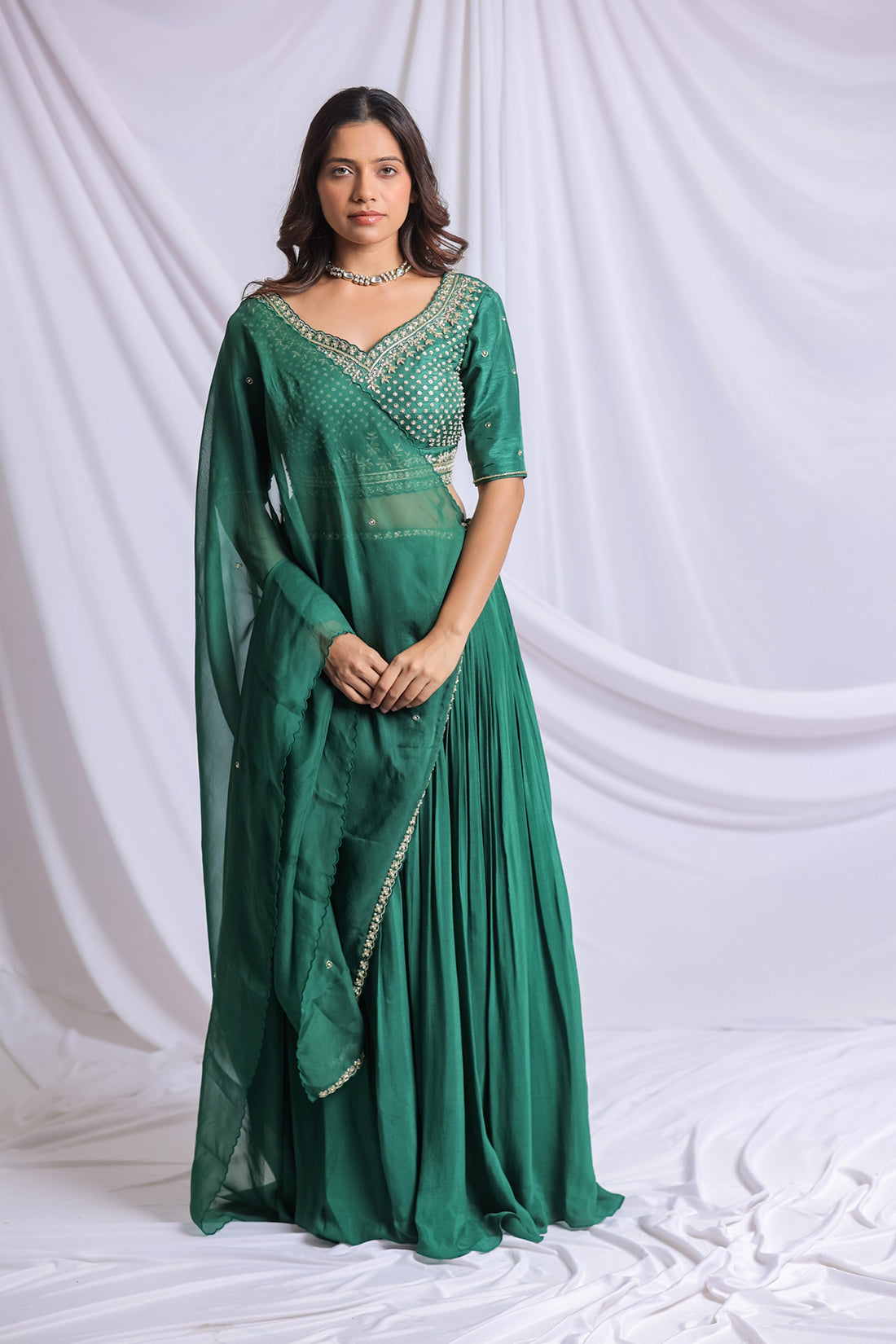 BOTTOM GREEN HAND EMBROIDERED LEHENGA SET