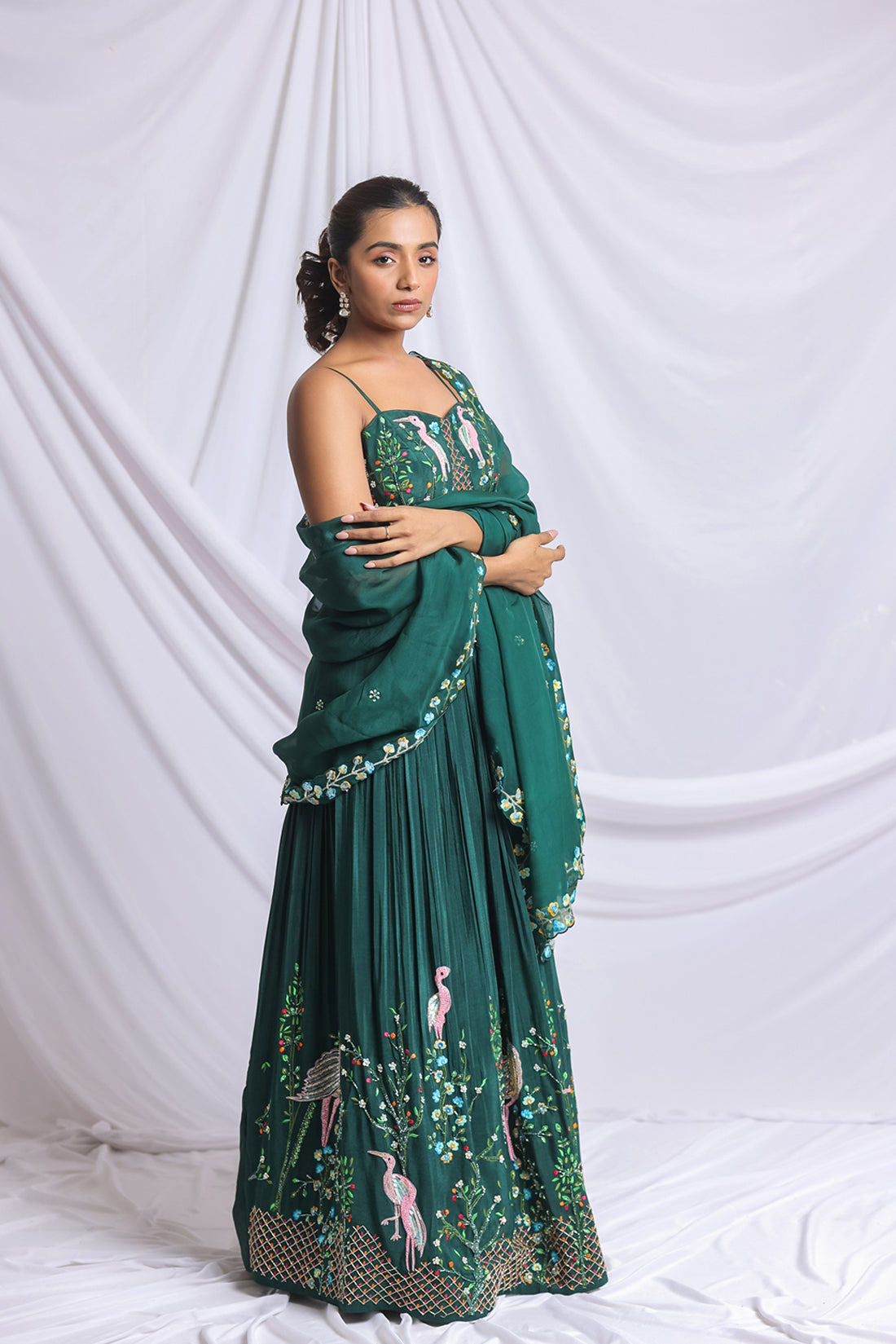 BOTTLE GREEN ROYALE EMBROIDERED LEHENGA SET