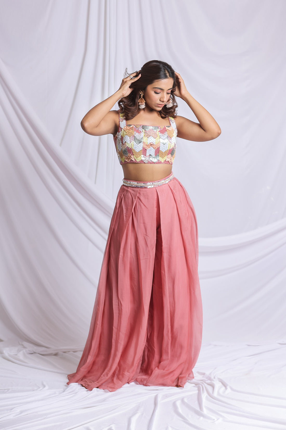 BROWN LUXE BOX PLEATED INDO WESTERN PALAZZO SET