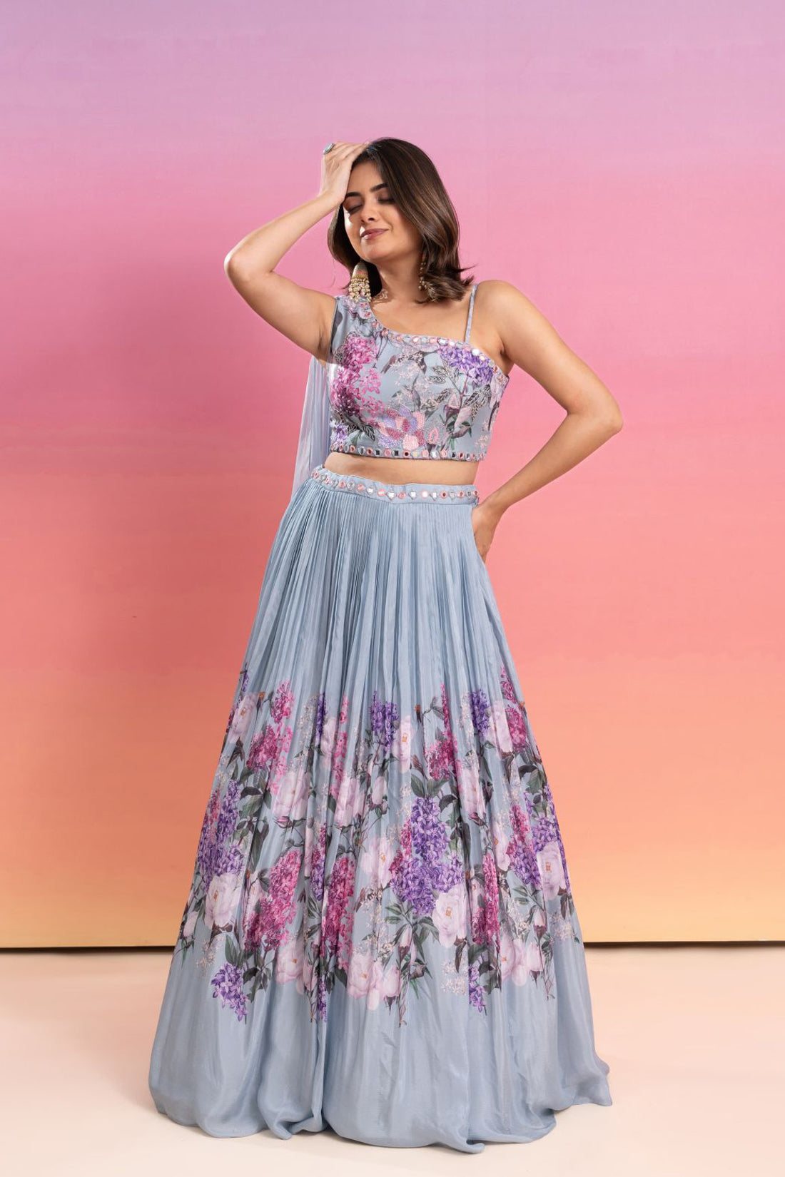 GREYISH BLUE FLORAL PRINTED HAND EMBROIDERED LEHENGA SET