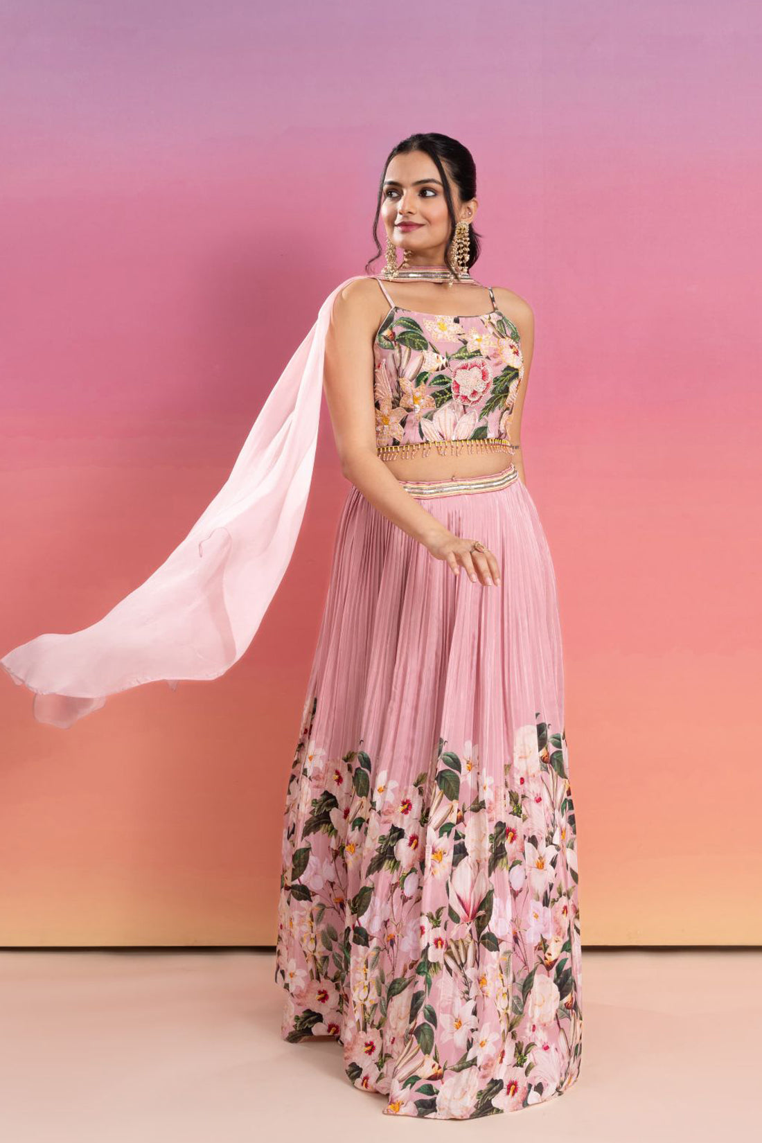 DUSTY PINK FLORAL PRINTED HAND EMBROIDERED LEHENGA SET