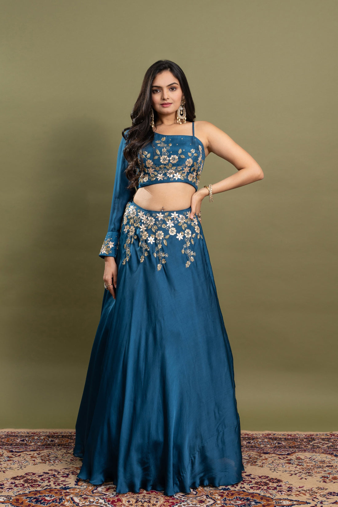 REGAL BLUE EMBROIDERED ONE-SHOULDER LEHENGA SET