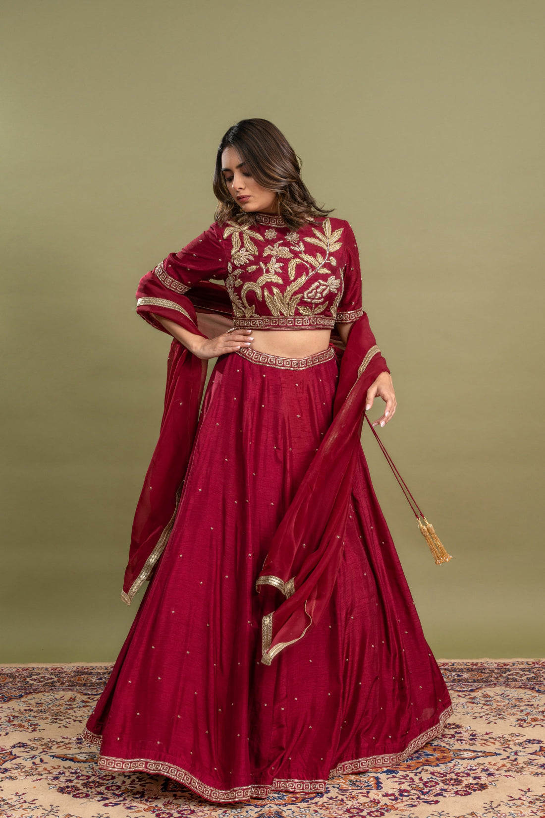 CHERRY RED HIGH COLLAR HAND EMBROIDERED LEHENGA SET