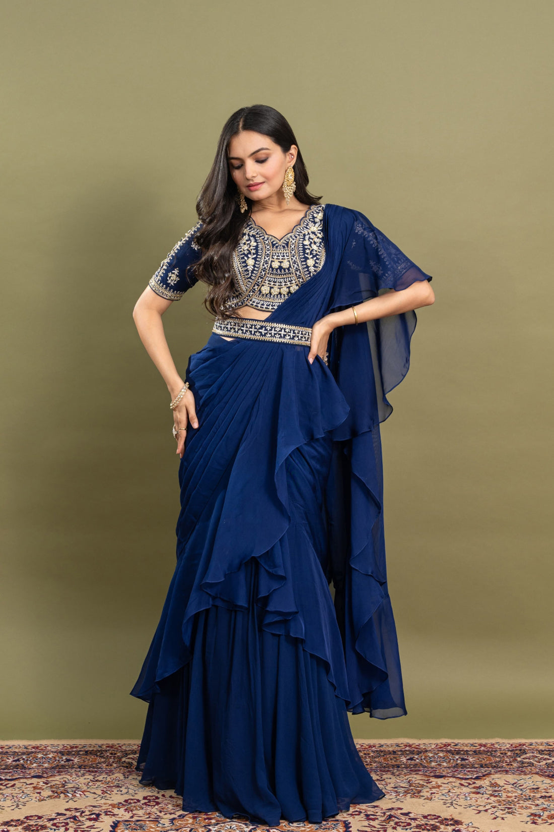 MIDNIGHT BLUE HAND EMBROIDERED PRE-DRAPE SAREE