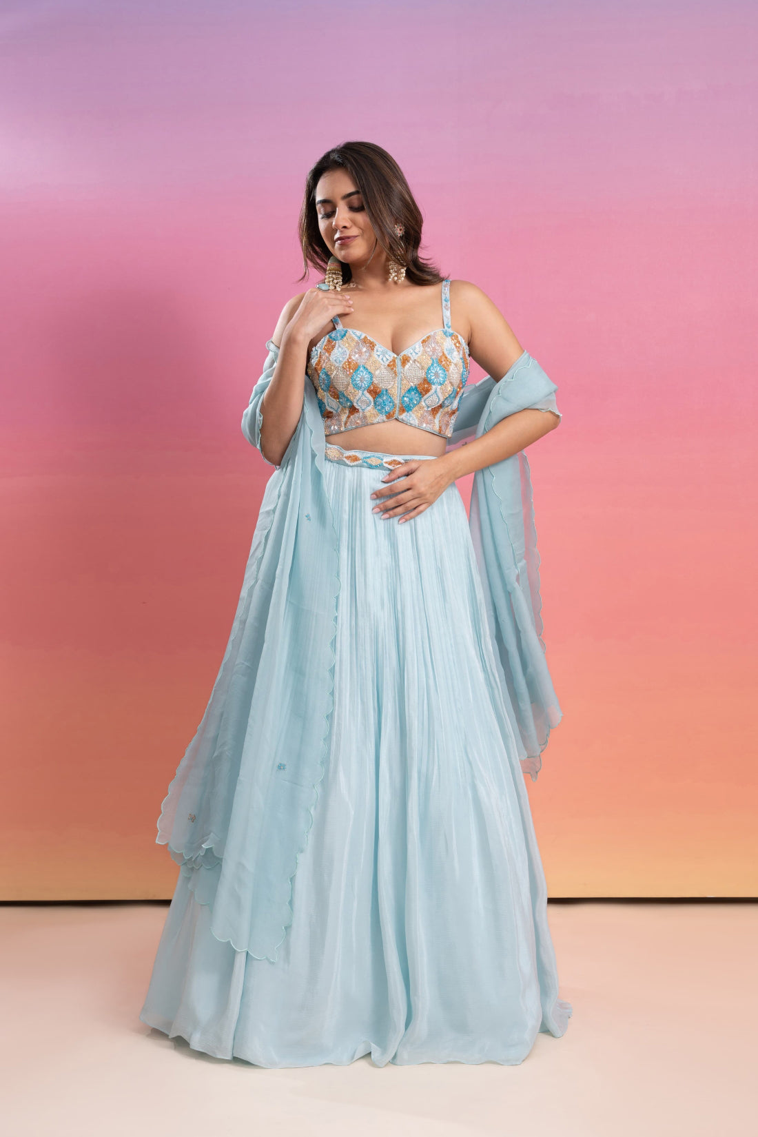 SKY BLUE HAND EMBROIDERED LEHENGA SET