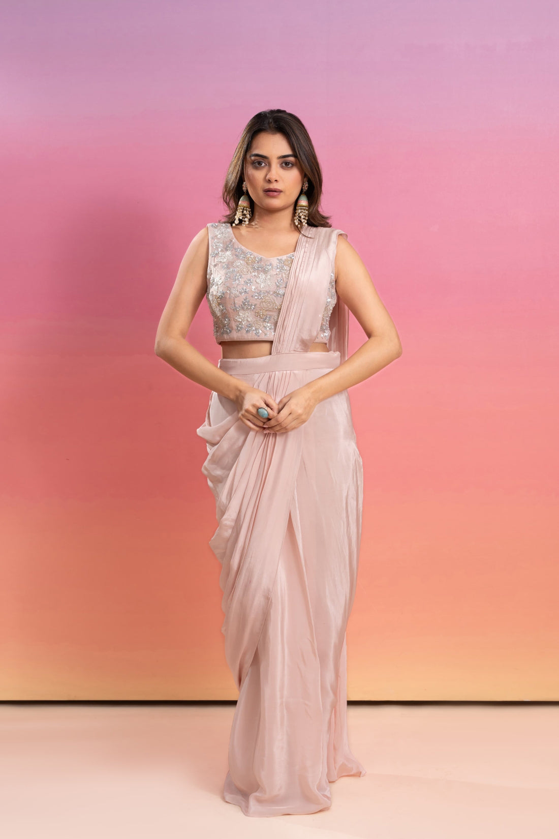 PALE PINK HAND EMBROIDERED PRE-DRAPE SAREE