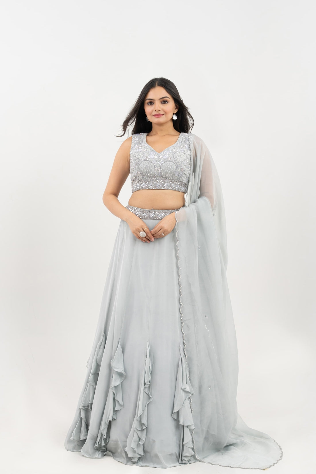 GREY HAND EMBROIDERED LEHENGA SET