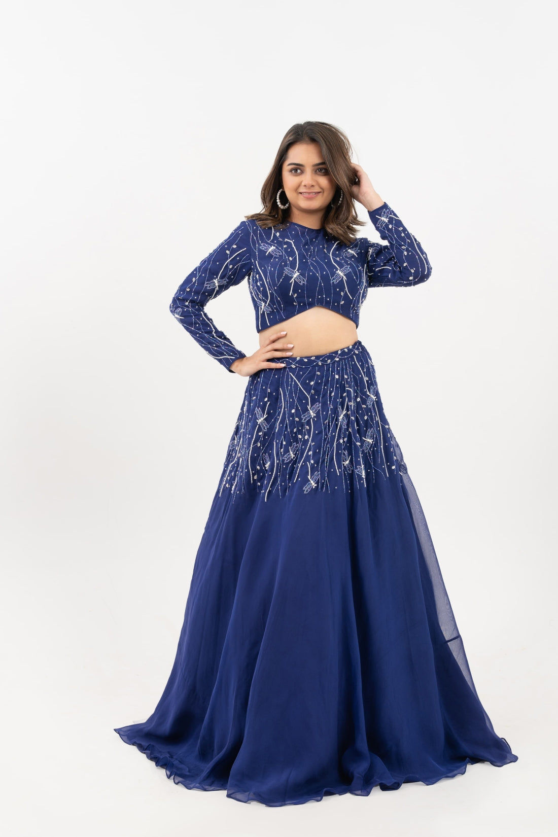OXFORD BLUE DRAGONFLY HAND EMBROIDERED LEHENGA SET