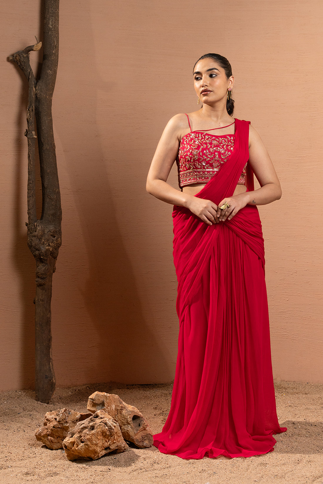 HOT PINK HAND EMBROIDERED PRE-DRAPED SAREE