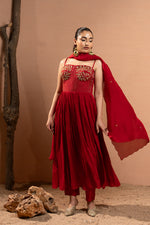 CRIMSON RED HAND EMBROIDERED ANARKALI SET