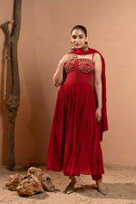 CRIMSON RED HAND EMBROIDERED ANARKALI SET