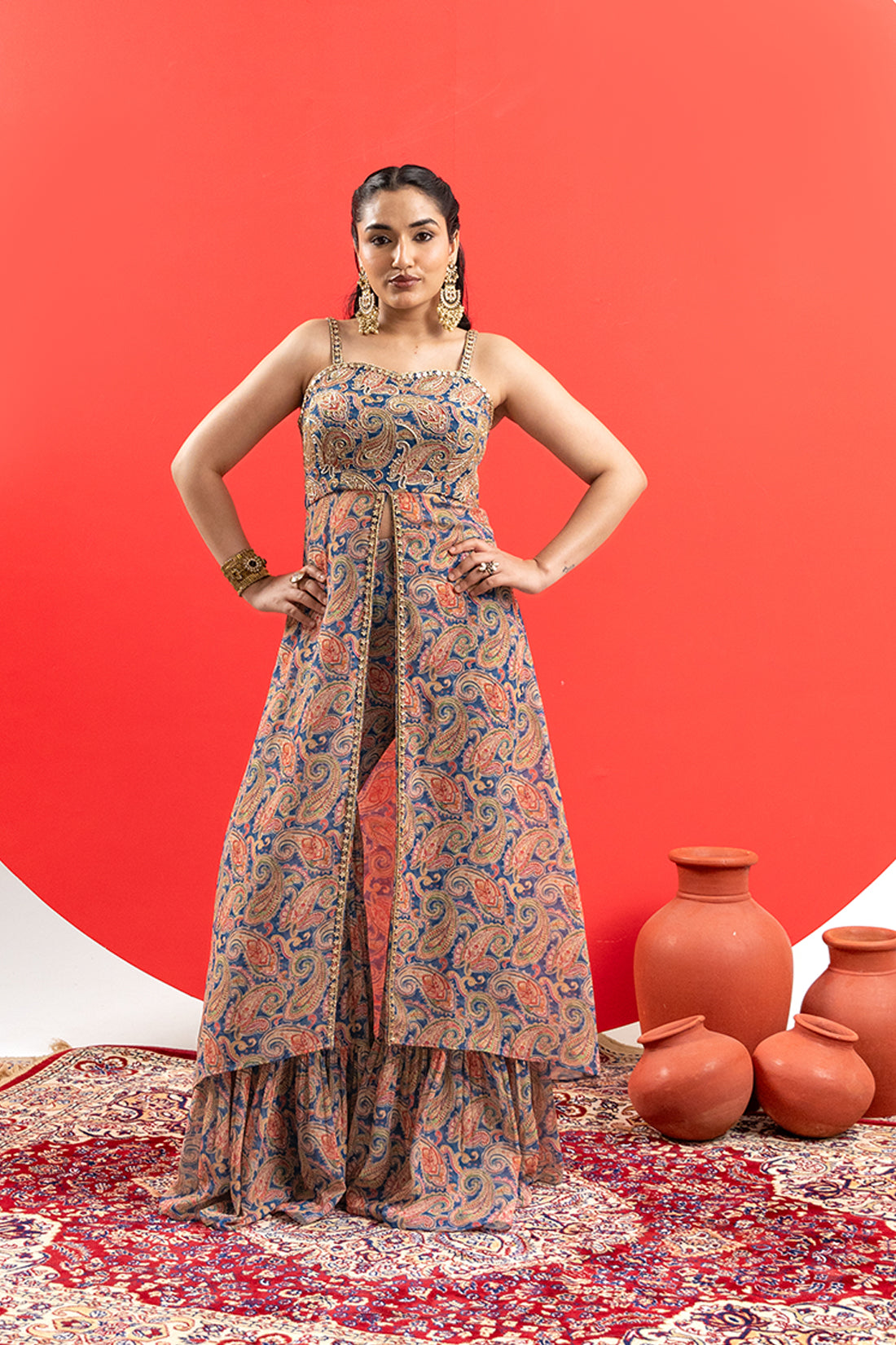 BLUE PRINTED INDO-WESTERN SHARARA SET