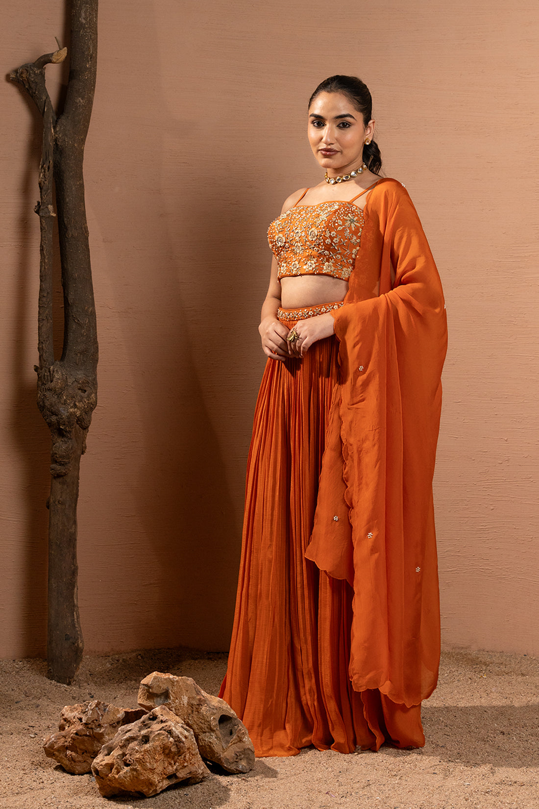 ORANGE HAND EMBROIDERED LEHENGA SET