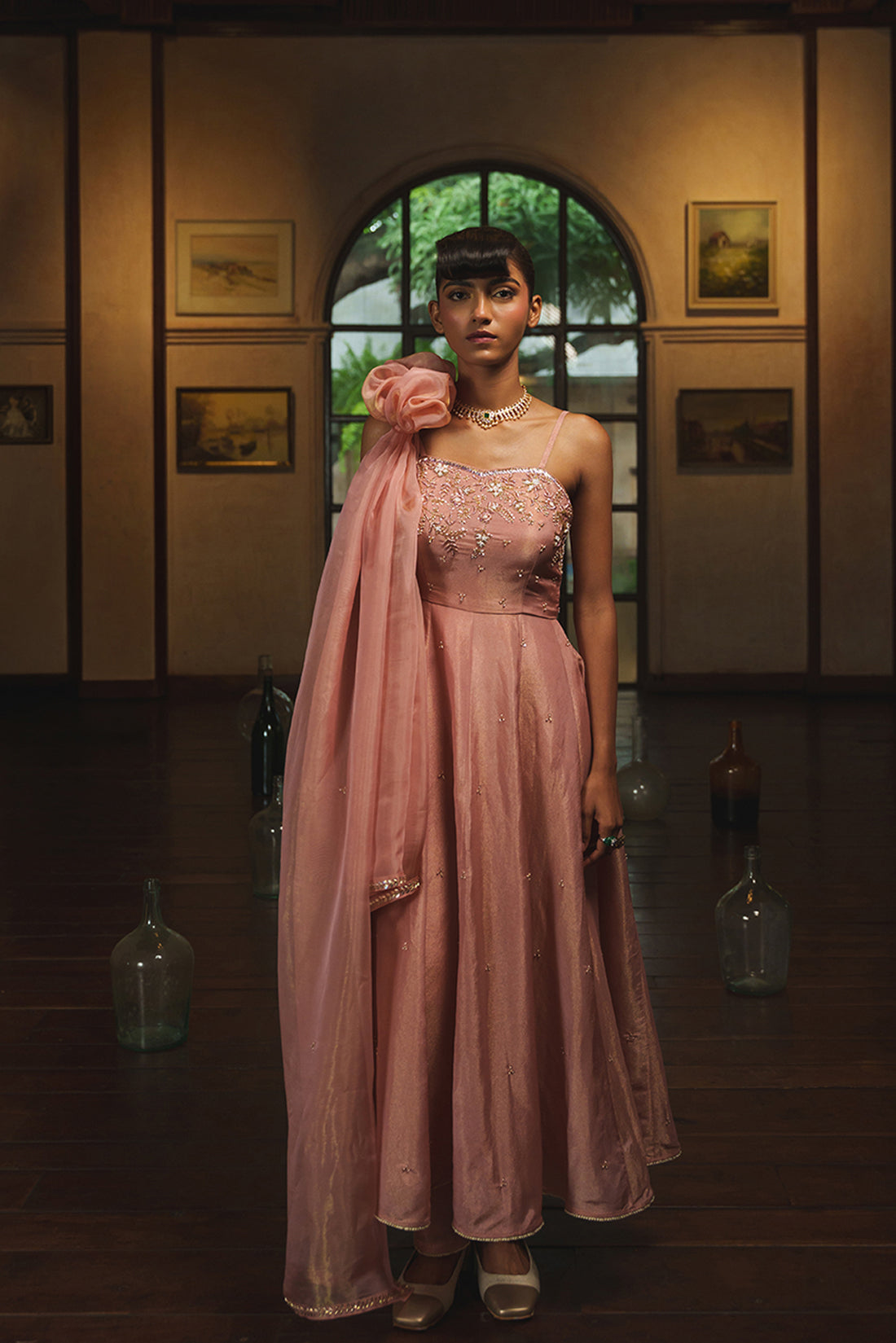 PINK TISSUE ANARKALI SET