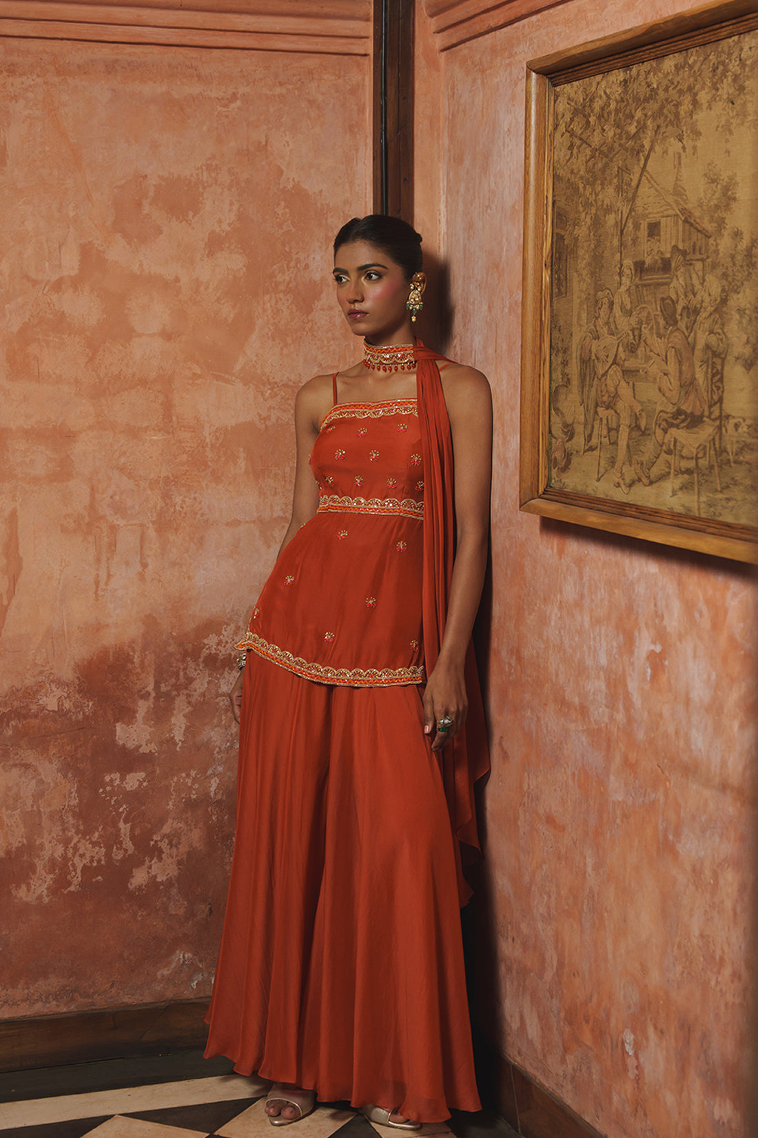 RUST ORANGE PEPLUM PALAZZO SET